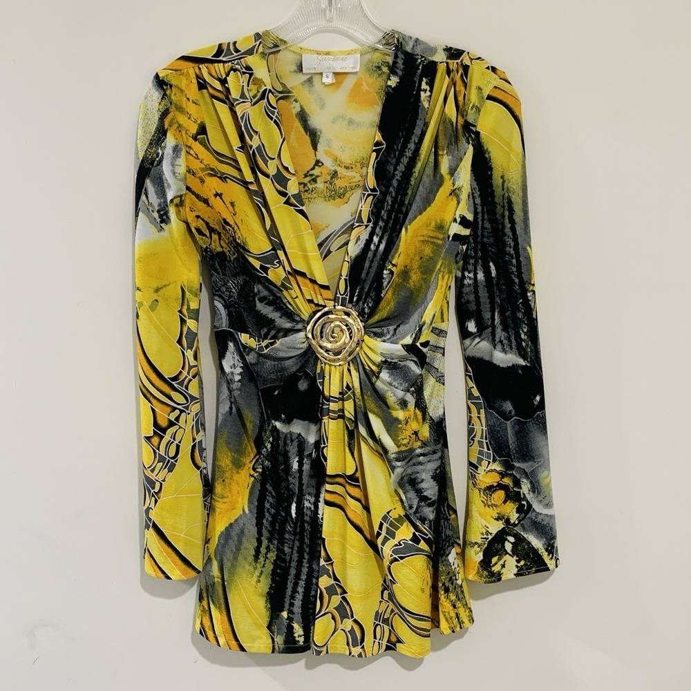 Vtg Janine Y2K 90s Top Small Butterfly Bell Sleeve Stretchy V Neck Artsy Wacky